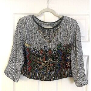 Vtg Platinum Dorothy Schoelen crop top M Beaded Stained Glass motif 1980s shirt